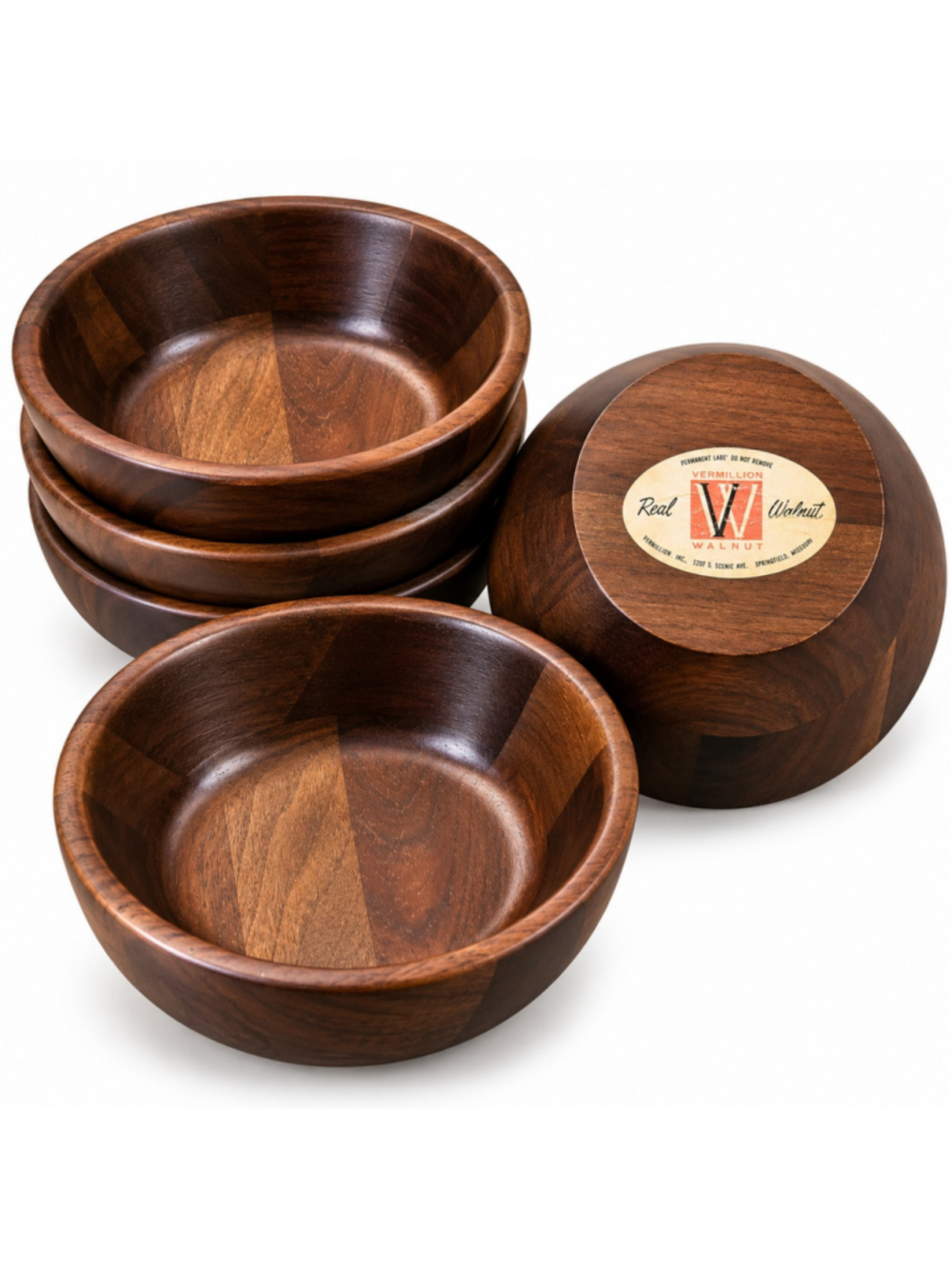Vintage Vermillion Real Walnut Wood Salad Bowls Set of 4 6" MCM USA